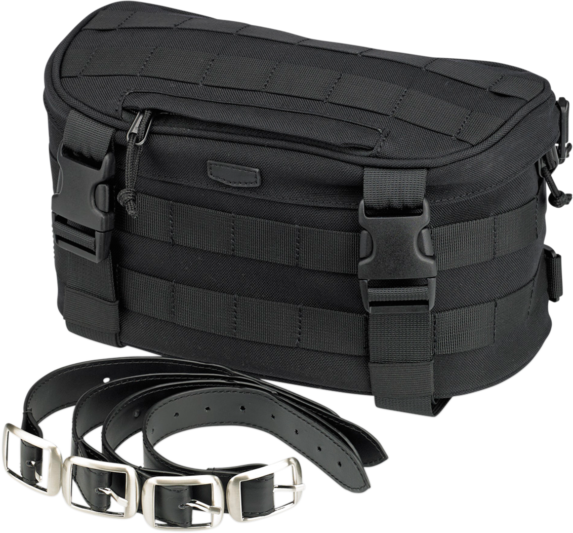 Bill's Exhausts BILTWEll Exfil-7 motorcycle bag in black with multiple compartments and adjustable straps, designed for motorcycle storage.