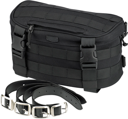 Bill's Exhausts BILTWEll Exfil-7 motorcycle bag in black with multiple compartments and adjustable straps, designed for motorcycle storage.