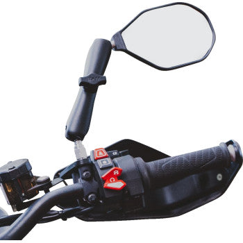 Black RAM MOUNTS Tough-Mirror™ side view with oval shape and ball attachment, right side, designed for secure motorcycle mirror mounting.