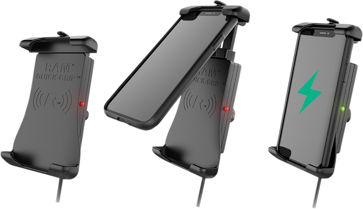 Bill's Exhausts RAM MOUNTS device holder for engines, quick-grip, waterproof, wireless charging, designed for secure mounting.
