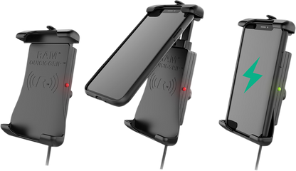 Bill's Exhausts RAM MOUNTS device holder for engines, quick-grip, waterproof, wireless charging, designed for secure mounting.