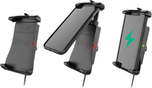 Bill's Exhausts RAM MOUNTS device holder for engines, quick-grip, waterproof, wireless charging, designed for secure mounting.