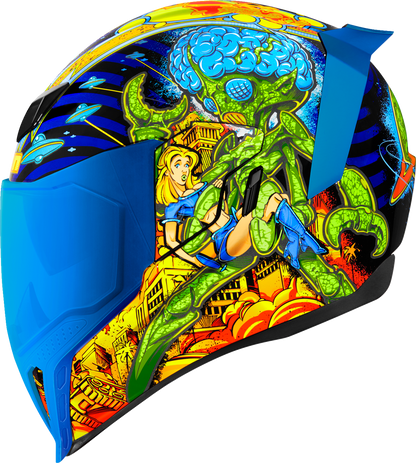 Blue ICON Airflite™ helmet in bugoid blitz design with XS size, featuring aerodynamic shell and clear visor for motorcycle riding.