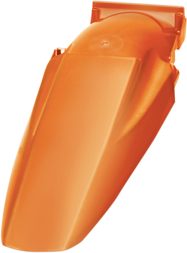 Orange Acerbis rear fender mounted on a motorcycle, showcasing its durable plastic body and sleek design.