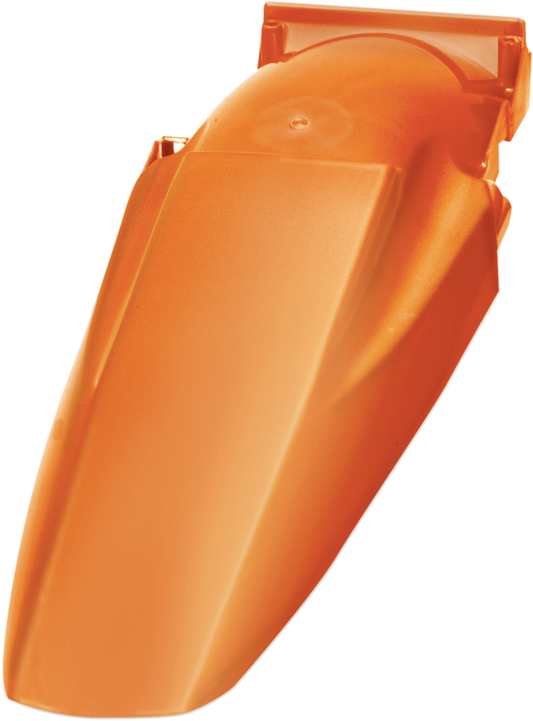 Orange Acerbis rear fender mounted on a motorcycle, showcasing its durable plastic body and sleek design.