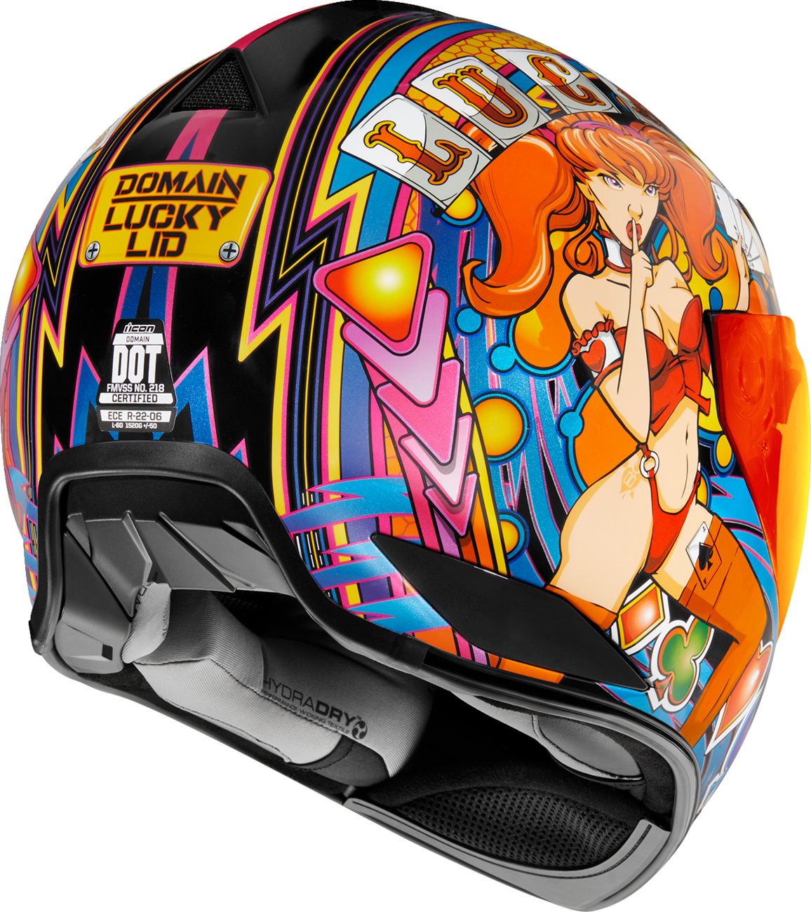 Red ICON Domain™ Helmet Lucky Lid 4 in medium, featuring a sleek design and safety features, by Bill's Exhausts.