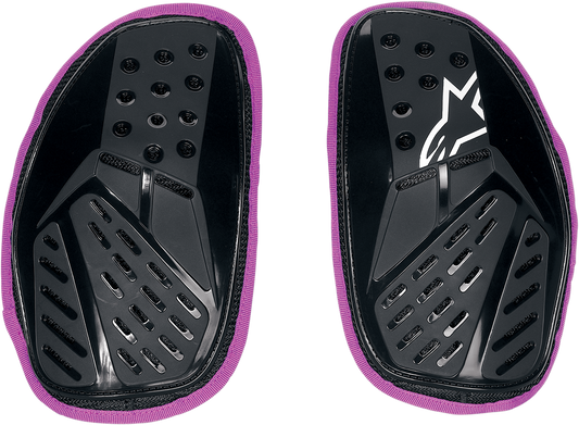 Alpinestars Stella Bionic Chest Pads in black and violet, designed for motorcycle jackets, with protective armor visible.