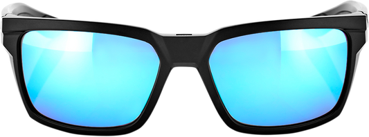 Bill's Exhausts 100% Daze sunglasses in matte black with blue mirror lenses, showcasing stylish eyewear design.