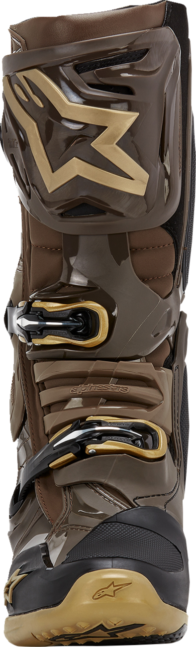 Alpinestars Limited Edition Squad '23 Tech 10 motorcycle boots in brown and gold, US size 9, featuring durable leather and protective design