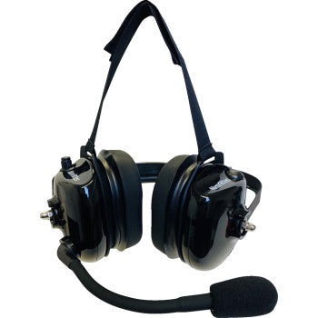 Bill's Exhausts NAVATLAS behind-the-head stereo and VOX headset in black, showing adjustable headband and ear cups.