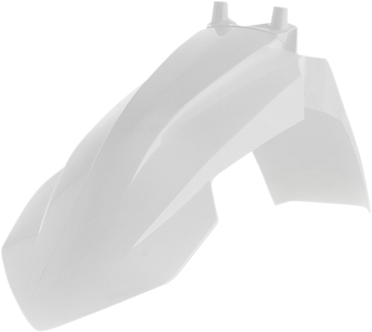 Acerbis white front fender for motorcycle, body part with mounting points, designed for durability and style.