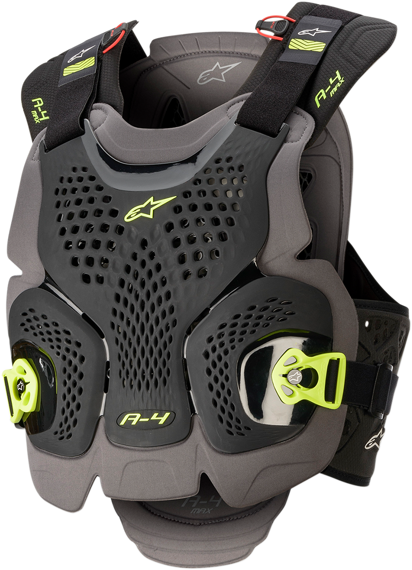 Alpinestars A-4 Max Chest Guard in black, anthracite, and yellow fluo, XL/2XL, protective gear for motocross or riding.