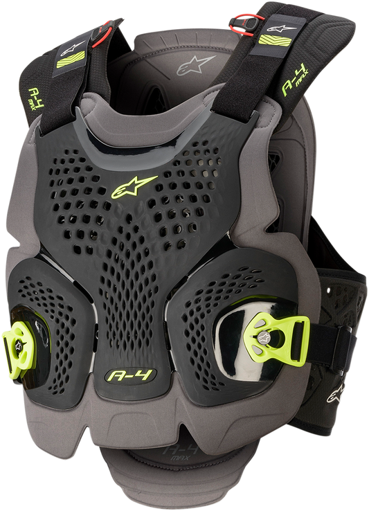 Alpinestars A-4 Max Chest Guard in black, anthracite, and yellow fluo, protective gear for motorcycle riding, XS/S size.