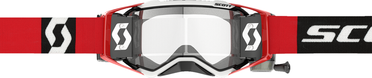 Scott Prospect WFS goggles in red and black with clear lenses, designed for motorcycle or motorsport use.