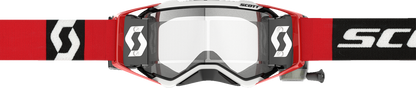 Scott Prospect WFS goggles in red and black with clear lenses, designed for motorcycle or motorsport use.
