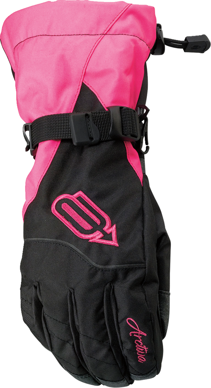 ARCTIVA Women's Pivot Gloves in black and pink, size XL, showing the gloves with textured palms and adjustable wrist straps.