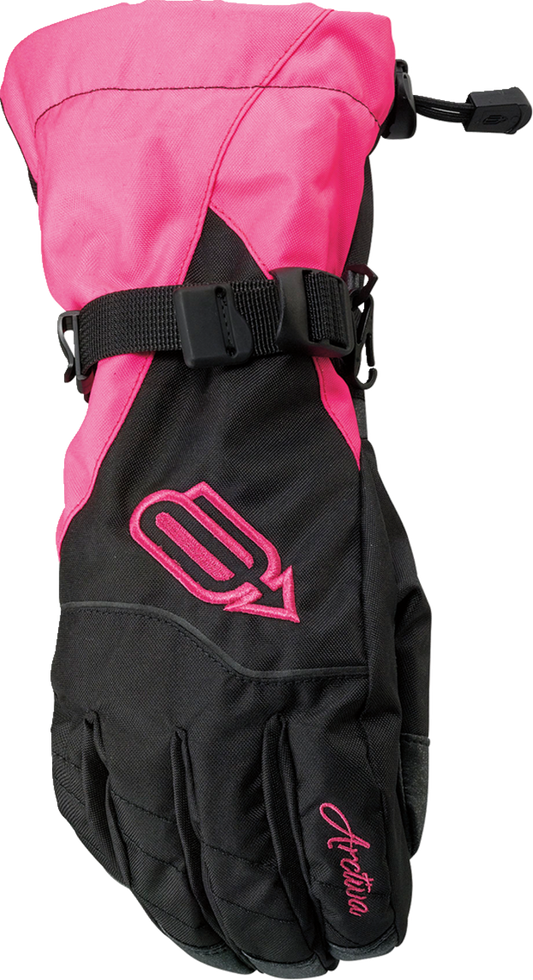 ARCTIVA Women's Pivot Gloves in black and pink, size XL, showing the gloves with textured palms and adjustable wrist straps.