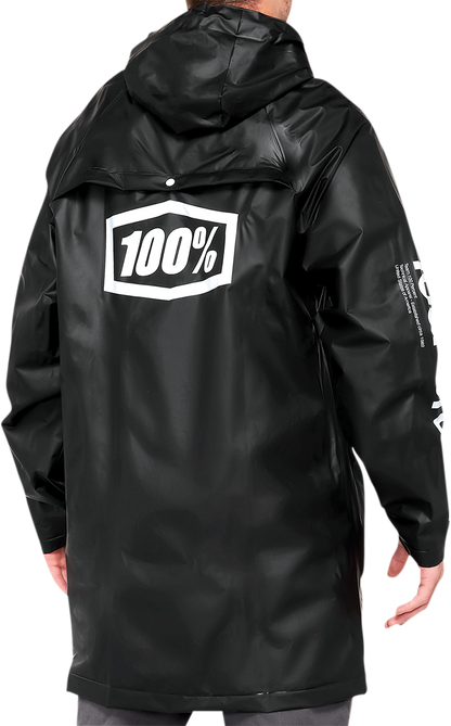 Black 100% Torrent Raincoat jacket in small size by Bill's Exhausts, shown in a front view with hood and waterproof material.