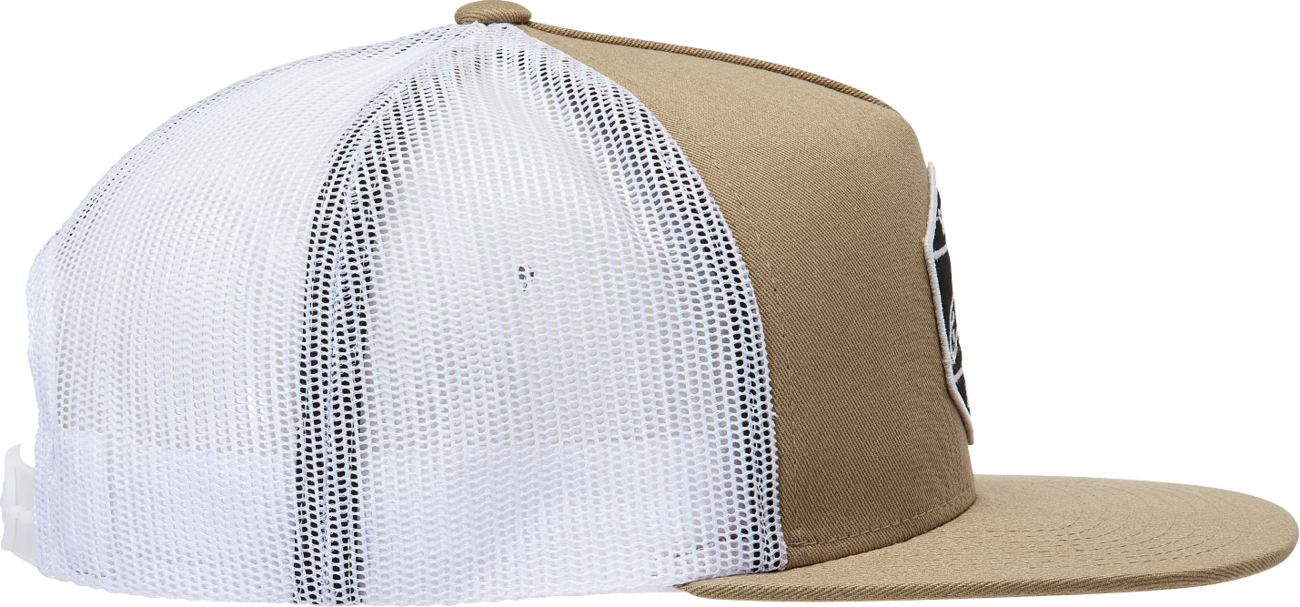 Bill's Exhausts Alpinstars Bolt Trucker Hat in Sand and White, one size, featuring embroidered logo and mesh back for ventilation.
