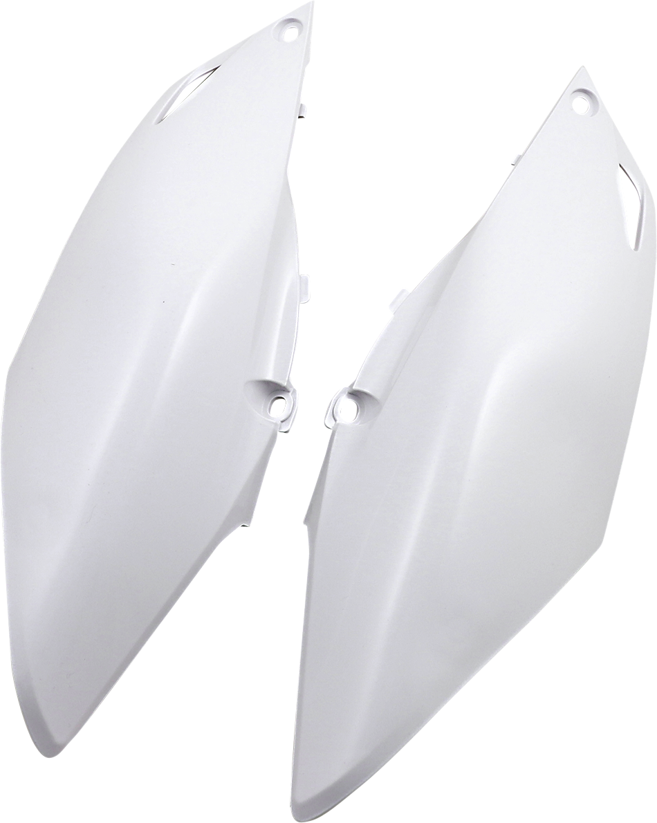 A set of white Acerbis side panels for motorcycle body, designed for fitment and style, with visible mounting points and sleek finish.