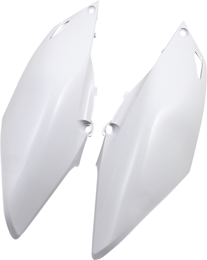 A set of white Acerbis side panels for motorcycle body, designed for fitment and style, with visible mounting points and sleek finish.