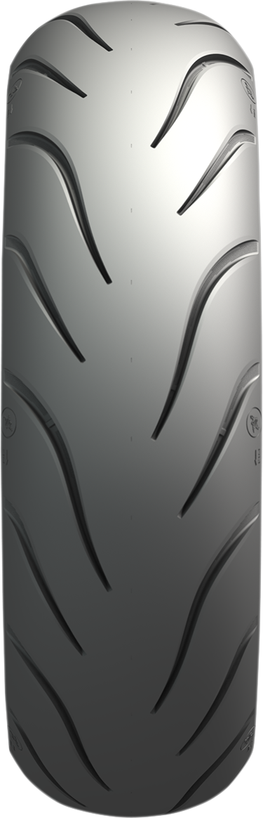 Rear Michelin Commander III motorcycle tire, MU85B16 77H, showing tread pattern and sidewall details.