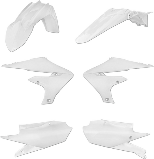 A white Acerbis standard replacement body kit for motorcycles, designed for easy installation and a sleek look.