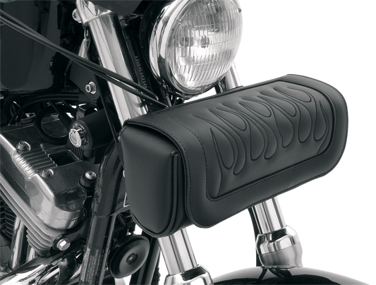 Bill's Exhausts Saddlemen Tool Pouch in black with flame design, designed for seat storage on motorcycles.