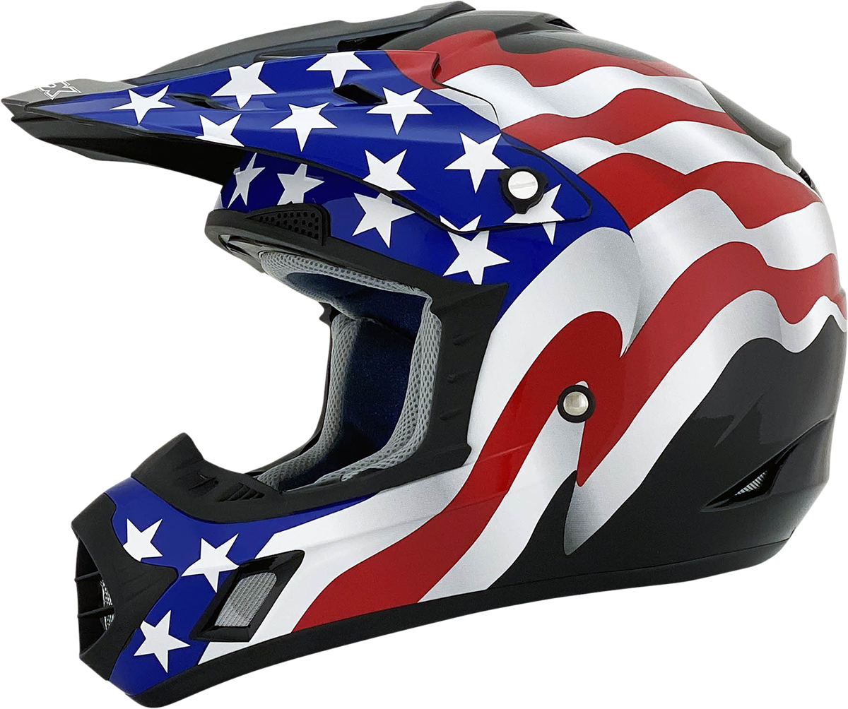 Black AFX FX-17 helmet with flag design, size 4XL, featuring a sleek helmet shape and detailed graphics.