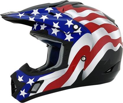 Black AFX FX-17 helmet with flag design, size 4XL, featuring a sleek helmet shape and detailed graphics.
