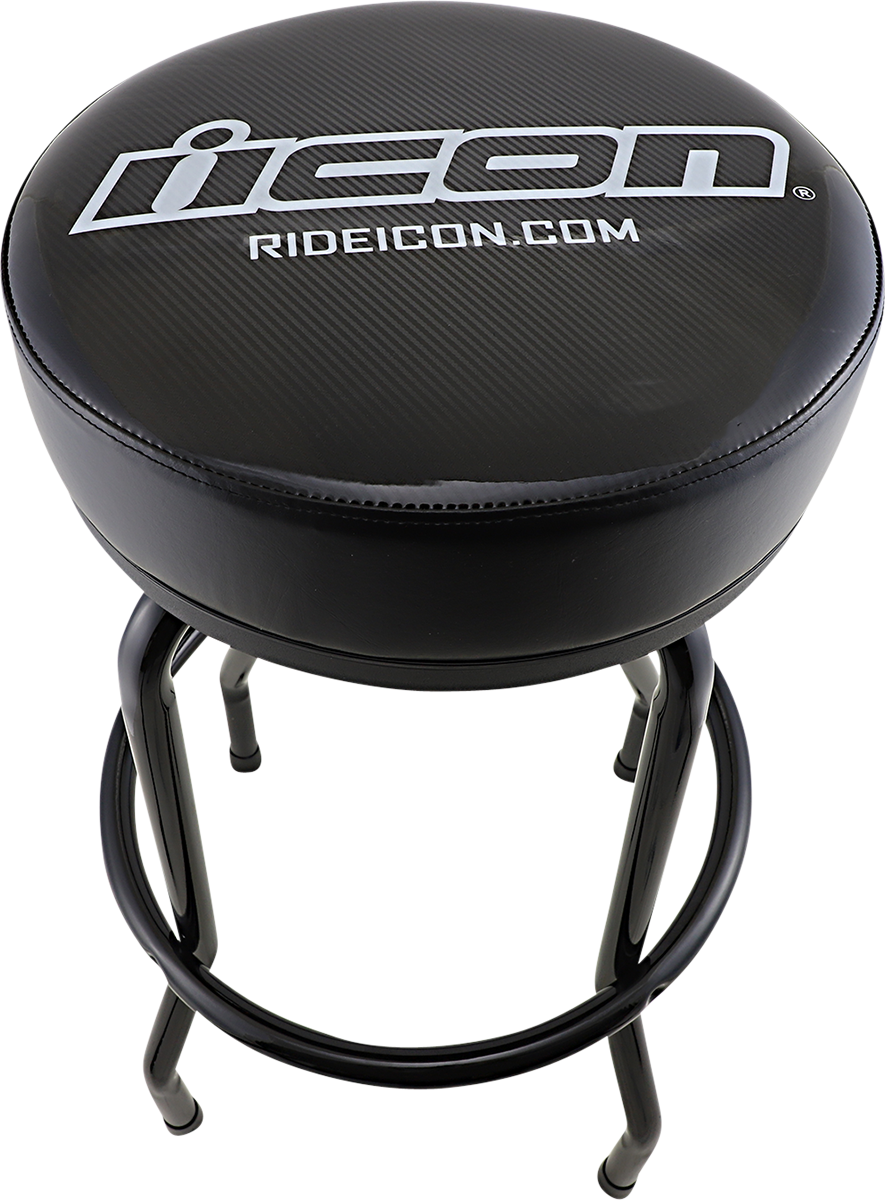 Black ICON barstool with Bill's Exhausts logo, featuring a sleek design and modern height suitable for bar or kitchen seating.