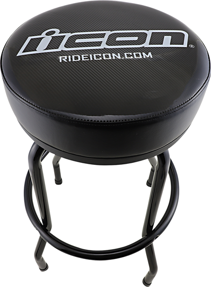 Black ICON barstool with Bill's Exhausts logo, featuring a sleek design and modern height suitable for bar or kitchen seating.