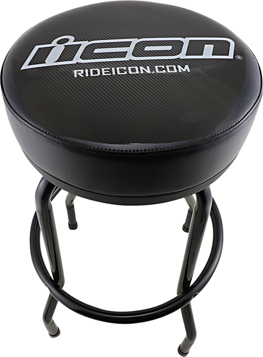 Black ICON barstool with Bill's Exhausts logo, featuring a sleek design and modern height suitable for bar or kitchen seating.
