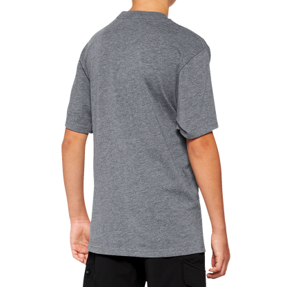 Bill's Exhausts 100% Youth Icon T-Shirt in Heather Gray, small size, front view showing the printed logo and casual fit.