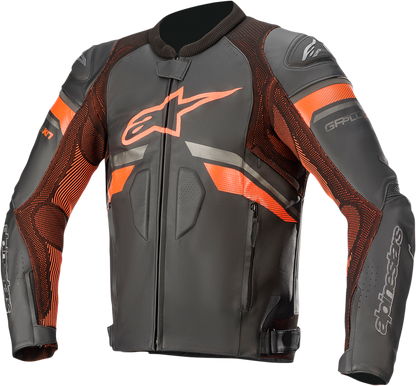 Black and red Fluo ALPINESTARS GP Plus R v3 Rideknit leather motorcycle jacket with protective panels, US 44 / EU 54.