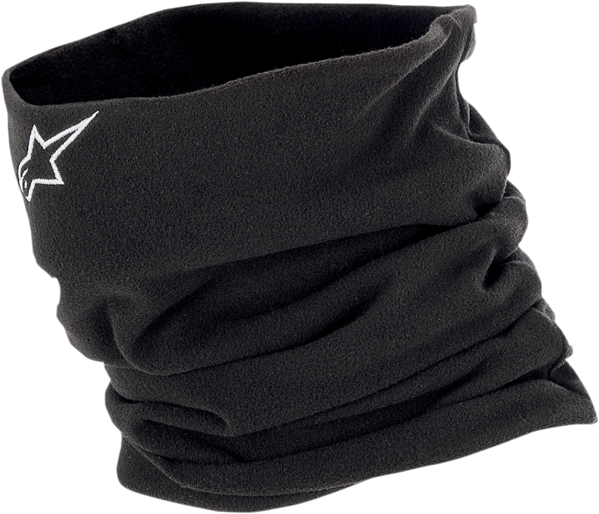 Black ALPINESTARS neck warmer protective gear with branding detail, designed for comfort and warmth during outdoor activities.