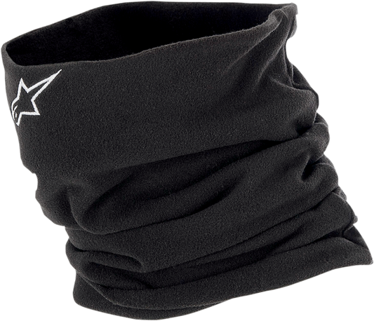 Black ALPINESTARS neck warmer protective gear with branding detail, designed for comfort and warmth during outdoor activities.