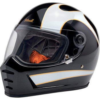 BILTWELL Lane Splitter helmet in gloss black with white flames, XS size, featuring a sleek motorcycle helmet design.