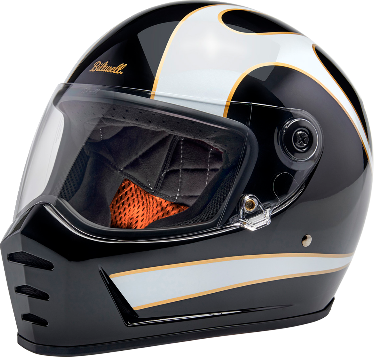 Biltwell Lane Splitter motorcycle helmet in gloss black with white flame design, small size, featuring a sleek, aerodynamic shape.