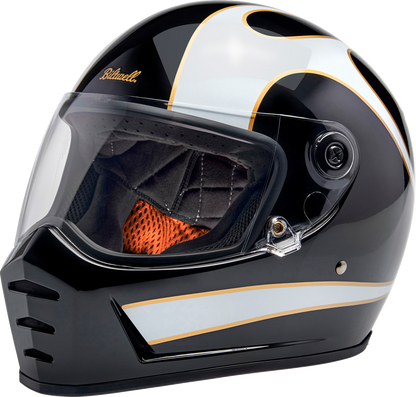BILTWELL Lane Splitter helmet in gloss black with white flames, XL size, featuring a sleek motorcycle helmet design.