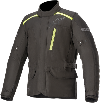 Alpinestars Gravity Drystar® motorcycle jacket in black and yellow, 2XL size, featuring protective armor and breathable fabric.
