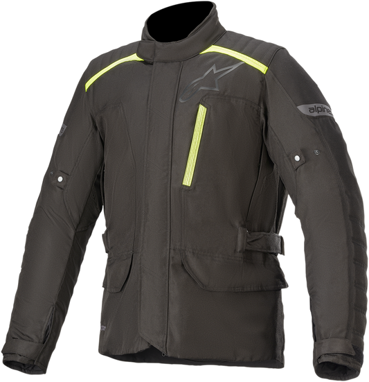 Alpinestars Gravity Drystar® motorcycle jacket in black and yellow, 2XL size, featuring protective armor and breathable fabric.