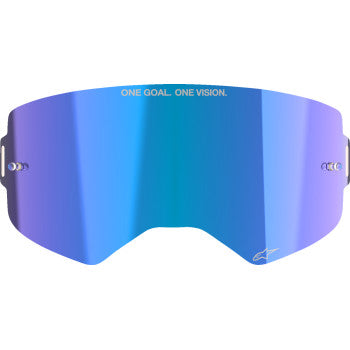Alpinestars Supertech lens with blue mirror finish, designed for motorcycle goggles, featuring ABS Vision technology.