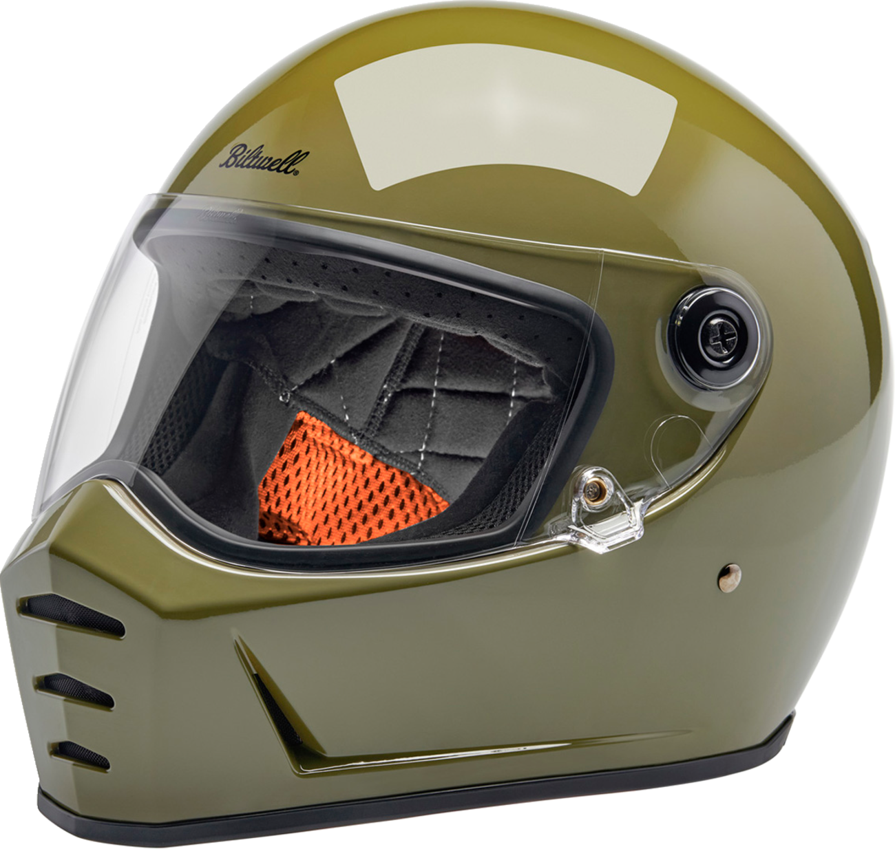 BILTWELL Lane Splitter helmet in gloss olive green, large size, with a sleek motorcycle helmet design and matte finish.