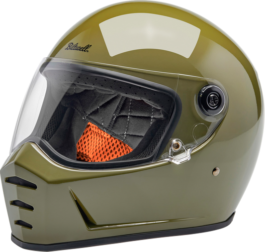 BILTWELL Lane Splitter helmet in glossy olive green, small size, featuring a sleek motorcycle helmet design.