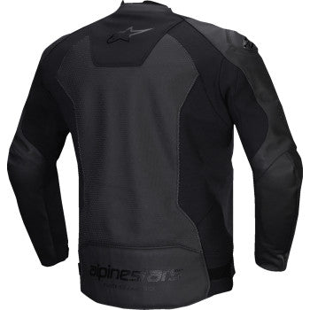 Black Alpinestars Faster v3 Airflow leather motorcycle jacket with armor, displayed on a hanger.
