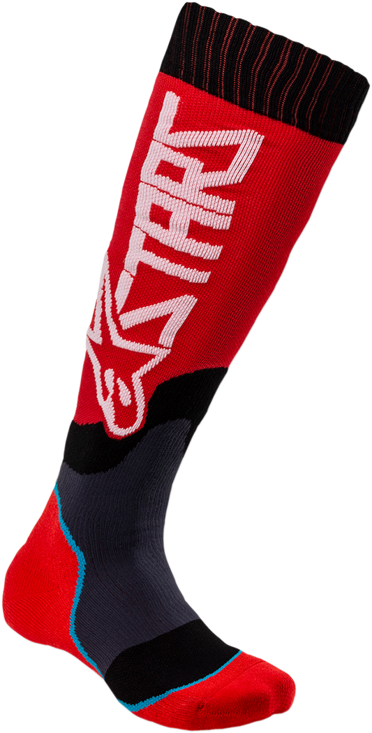 Alpinestars MX Plus 2 youth protective motorcycle socks in red and white, medium/large size, designed for motocross riding.
