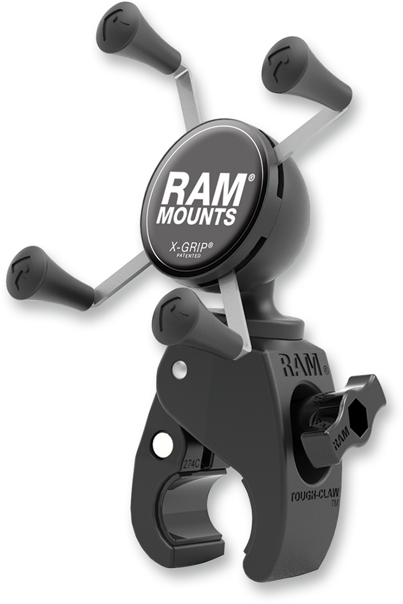 RAM MOUNTS X-Grip device mount with Tough-Claw for 5/8" to 1-1/5" engine tubing, designed for secure attachment.