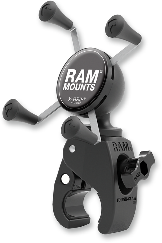 RAM MOUNTS X-Grip device mount with Tough-Claw for 5/8" to 1-1/5" engine tubing, designed for secure attachment.