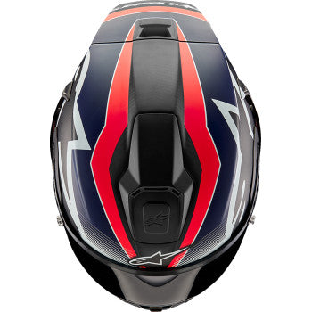 Alpinestars Supertech R10 racing helmet in matte black, carbon red fluo, and blue, shown from side view on a racing helmet.